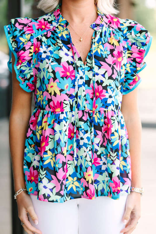 Blue Floral Flutter Sleeve Tied Notched Neck Plus Size Blouse