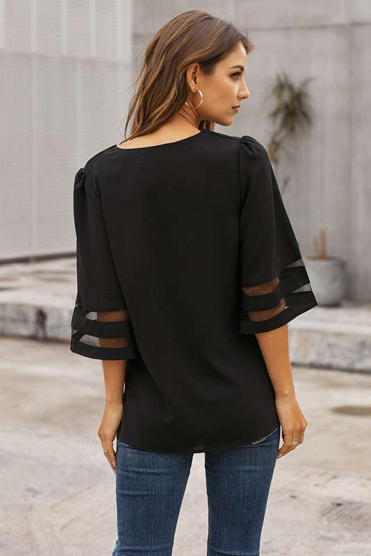 Black Flare Sleeve V Neck Loose Blouse