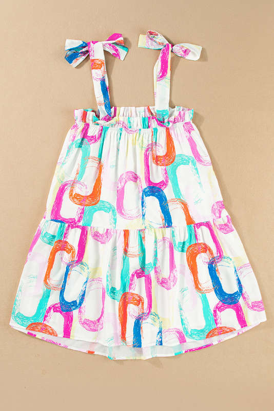 White Abstract Print Knotted Straps Ruffled Mini Dress