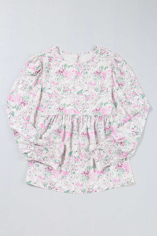 Pink Floral Print Shirred Balloon Sleeve Keyhole Back Babydoll Blouse