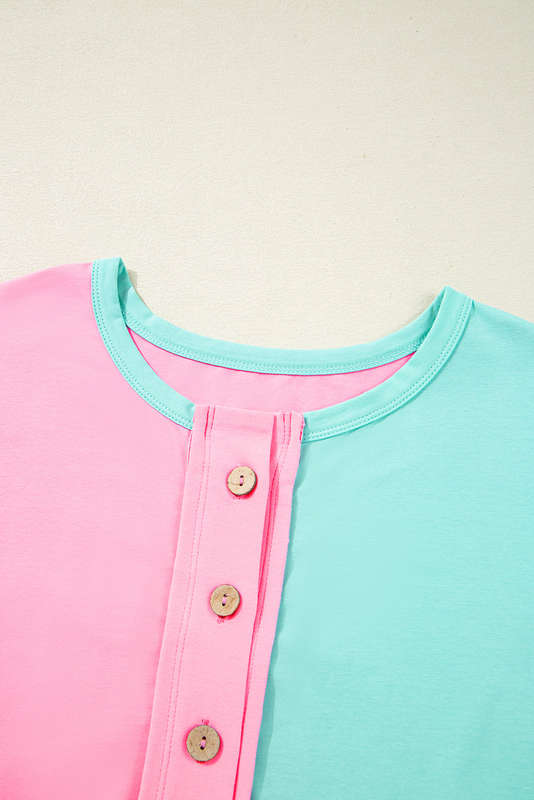 Mint Green Colorblock Patchwork Short Sleeve Buttons Plus Size Henley Top