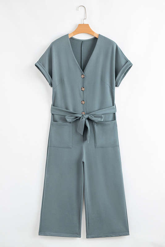Blue Dolman Button Belted V Neck Wide Leg Pocketed Jumpsuit