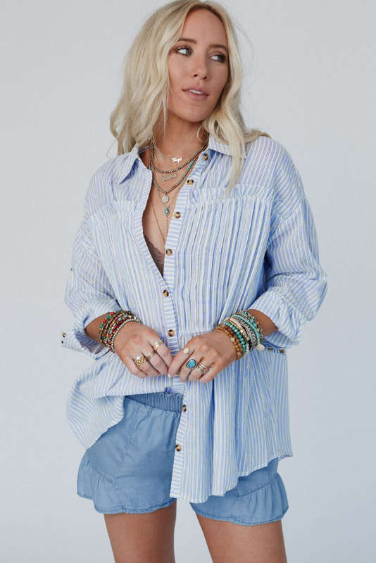 Blue V-Neck Knitted Summer Top with Exposed Seams