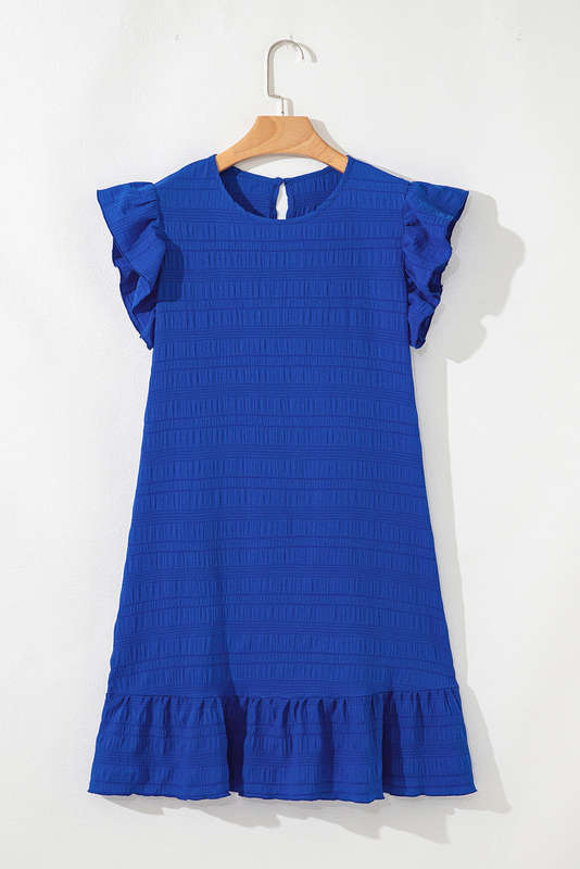 Dark Blue Textured Flutter Sleeve Ruffled Mini Dress