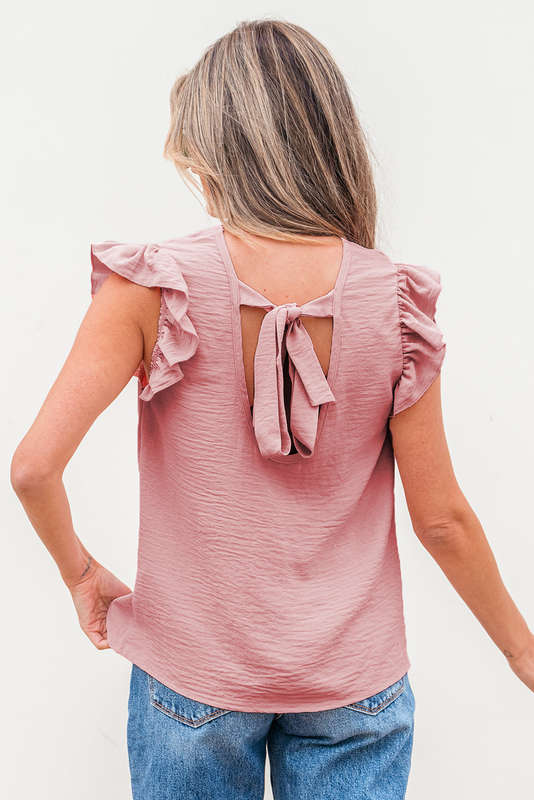 Blossom Bow Knot Decor Open Back Flutter Sleeve Blouse