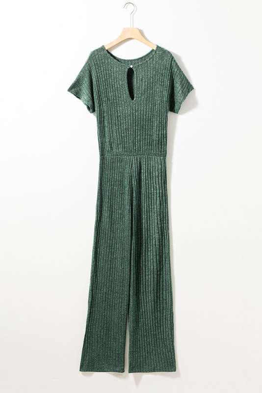 Mist Green Ribbed Keyhole Short Sleeve Wide Leg Jumpsuit