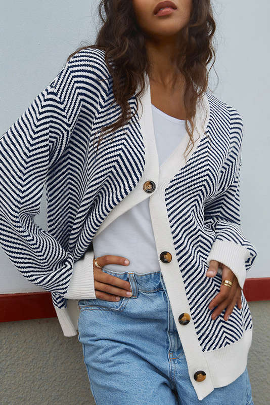 Blue Stripe Buttoned Front V Neck Herringbone Cardigan