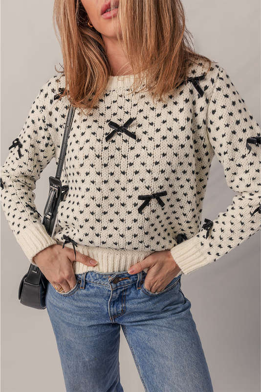 Beige Bow Decor Color Contrast Ribbed Edge Crew Neck Sweater