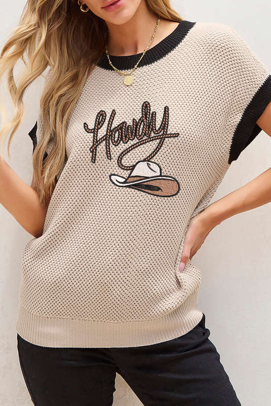 Light French Beige Howdy Cowboy Hat Embroidered Short Sleeve Sweater