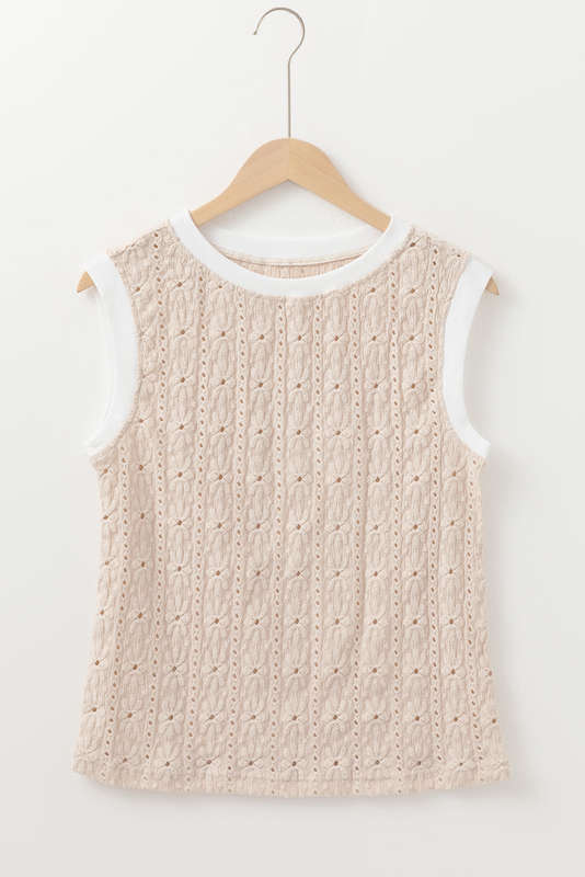 Oatmeal Floral Textured Crew Neck Tank Top