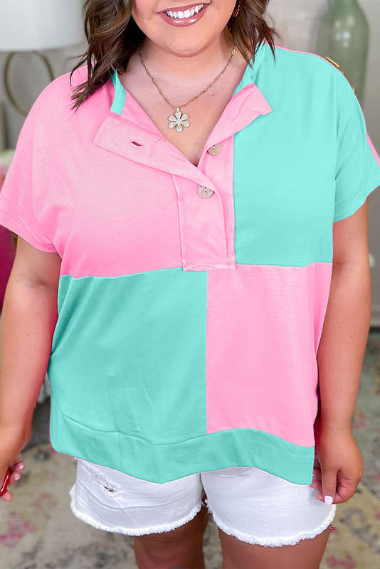 Mint Green Colorblock Patchwork Short Sleeve Buttons Plus Size Henley Top