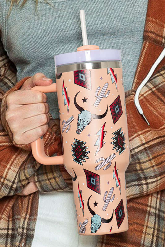 Apricot Pink Western Aztec Steer Head Stainless Tumbler 40oz