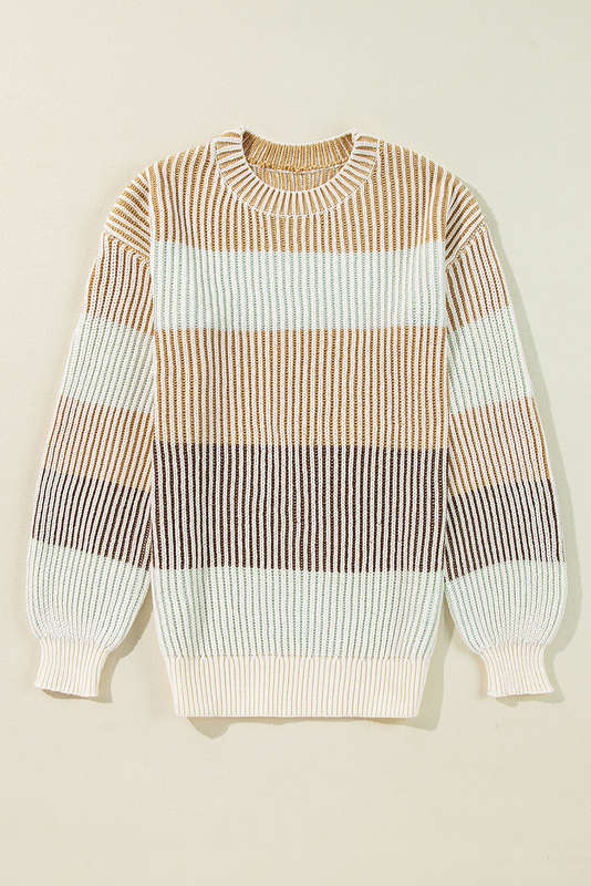 Brown Colorblock Textured Knit Bubble Sleeve Sweater