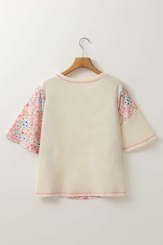 Beige Floral Patchwork Chest Pocket Wide Sleeve Waffle T Shirt