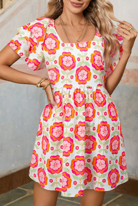 Rose Floral Print Square Neck Lace up Back Ruffled Sleeve Dress