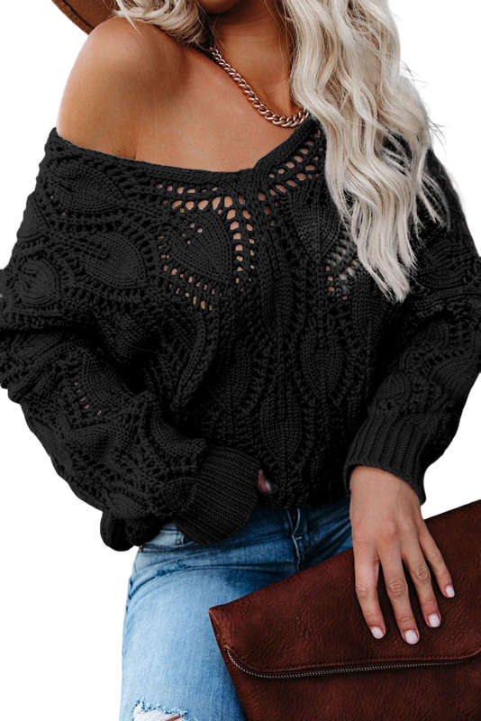 Black Crochet Knit Ribbed Hem Hollow-out Sweater