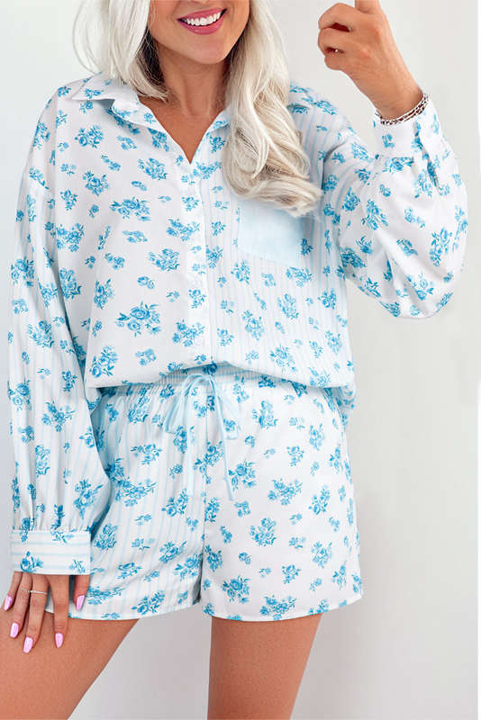 Sky Blue Floral Striped Print Contrast Patched Pocket Shirt and Shorts Set