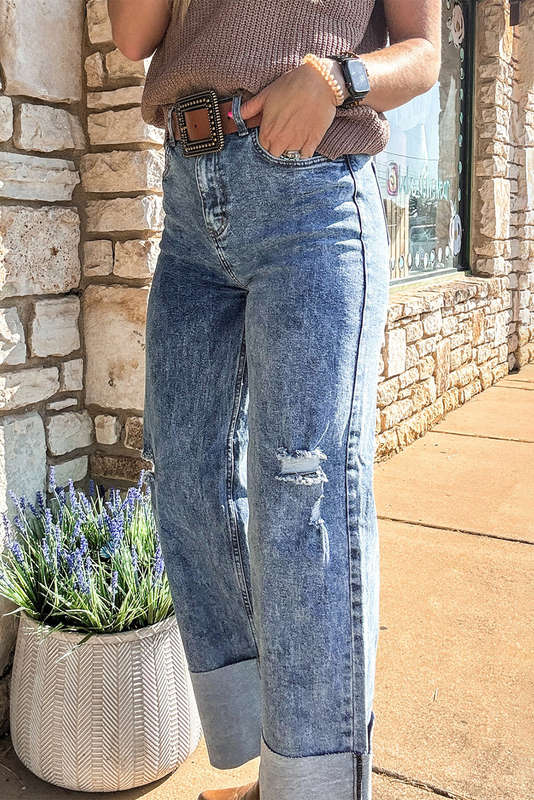 Ashleigh Blue Mineral Wash Bottom Cuff Distressed Wide Leg Jeans