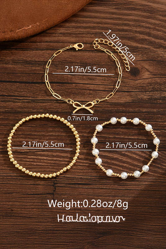 Gold Bow Chain Link Pearl Beaded Multi Layer Bracelet