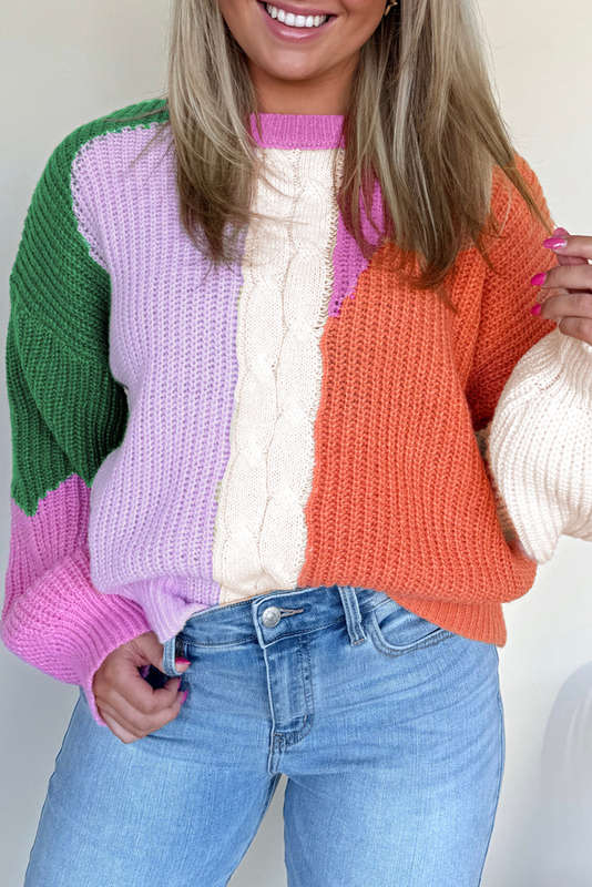 Desert Gold Color Block Textured Knit Drop Shoulder Loose Fit Sweater