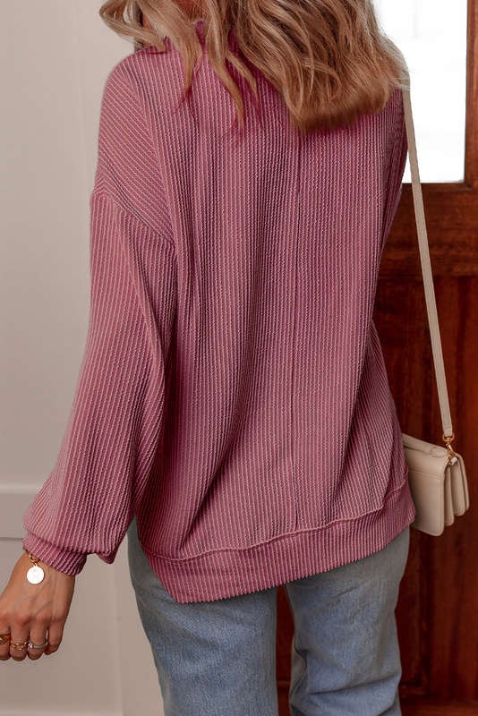 Fiery Red Twisted Rib V Neck Drop Shoulder Loose Sleeve Oversize Top