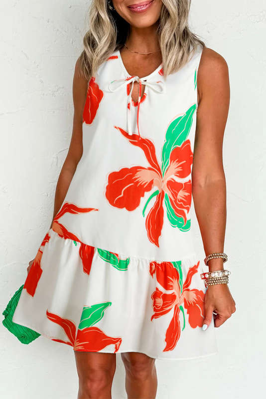 Red Floral Lace up Ruffled Sundress