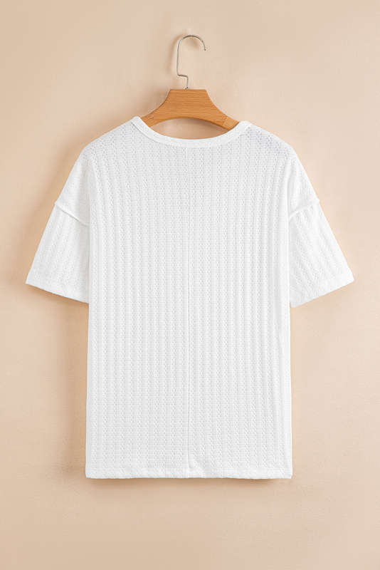 White Textured Hollow Grommet Placket Split Neck Short Sleeve Top