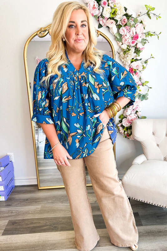 Blue V-Neck Knitted Summer Top with Exposed Seams