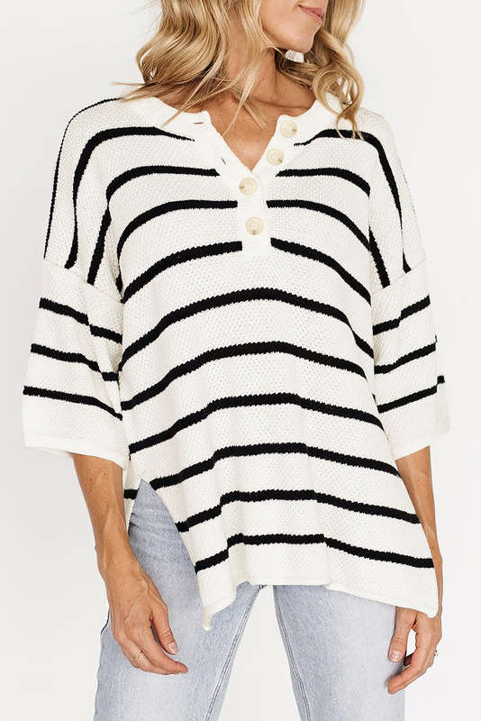 White Stripe Henley Buttoned Placket Drop Shoulder Bracelet Sleeve Knit Sweater Tee