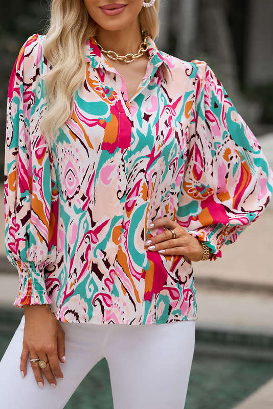 Red Paisley Print 3/4 Lantern Sleeve Shirt