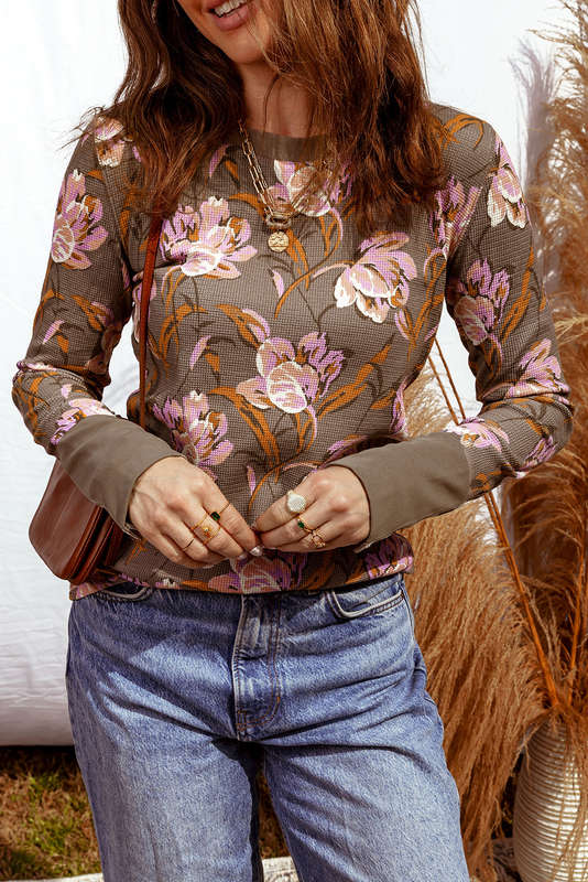 Brown Floral Print Waffle Textured Long Sleeve Top