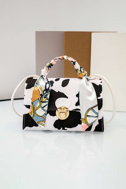White Printed Ribbon Decor Cow Spots PU Leather Bag