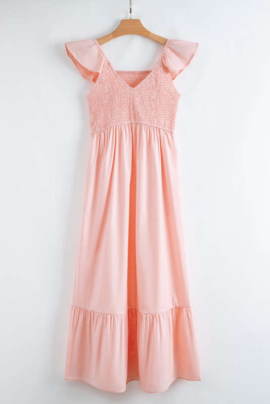 Pink V Neck Flutter Sleeve Smocked Bodice High Waist Ruffle Maxi Dress