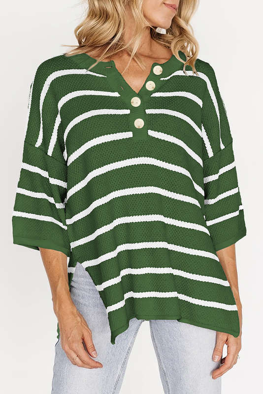 Green Stripe Henley Buttoned Placket Drop Shoulder Bracelet Sleeve Knit Sweater Tee