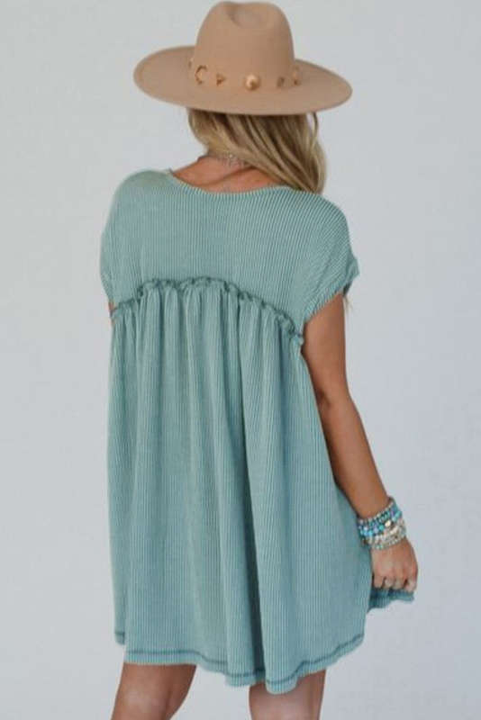 Canton Corded Knit Textured Patched Pocket Frilled Swing Mini Dress with Pockets