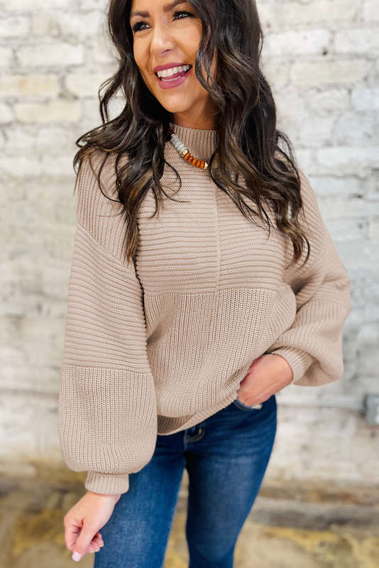 Parchment Mixed Texture Patchwork Knitted Puff Sleeve Sweater
