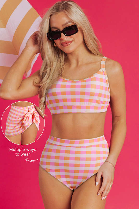 Pink 3pcs Gingham High Waist Bikini & Sarong