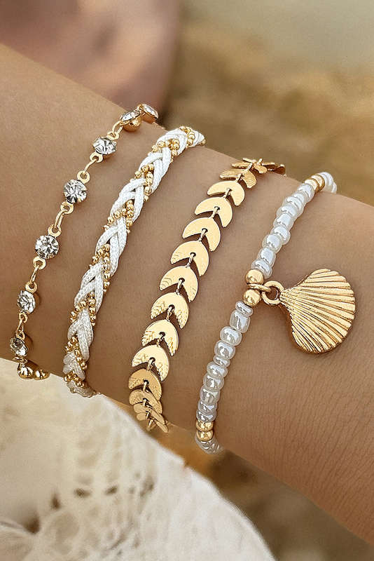 Gold Shell Pendant Beaded Braided Multi Layer Bracelet