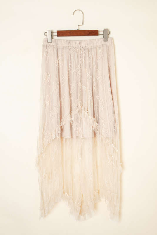 Apricot Lace Cascading Tiered High Waist Maxi Skirt