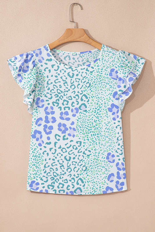 Sky Blue Leopard Layered Ruffle Short Sleeve Casual Blouse