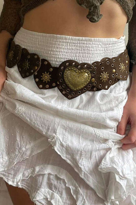 Coffee Bohemian Vintage Bronze Detail Heart Connected PU Belt
