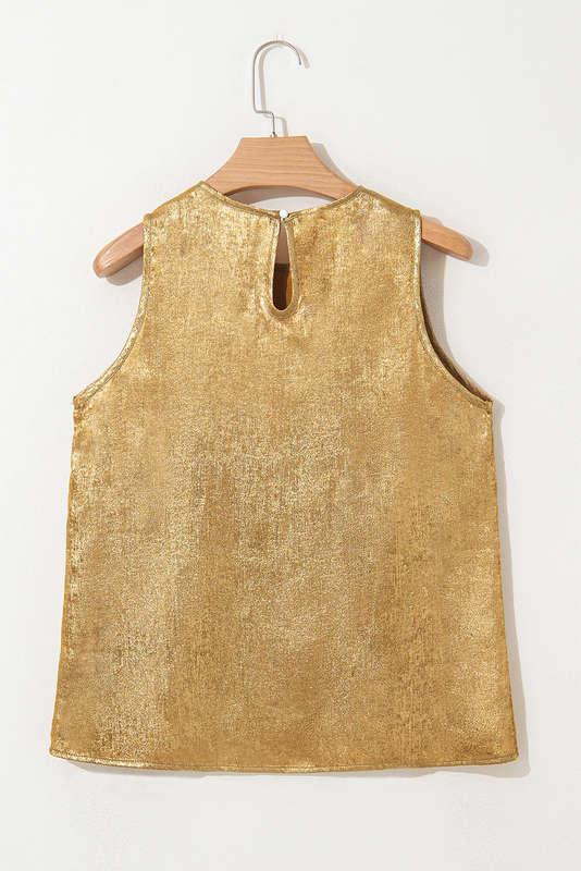 Gold Metal Textured Round Neck Casual Tank Top