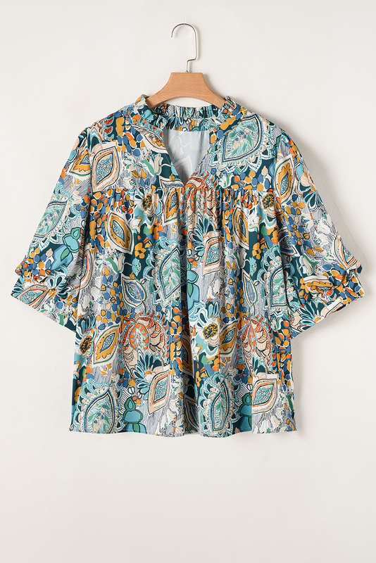 Multicolour Plus Size Floral Print Half Sleeve Slit Neck Blouse