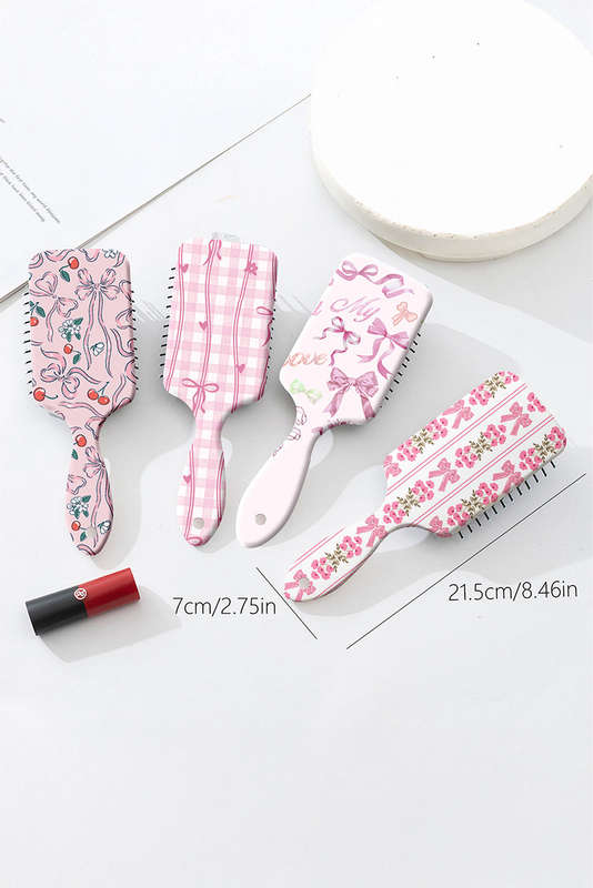 Pink Floral Bow Print Long Handle Air Cushion Comb