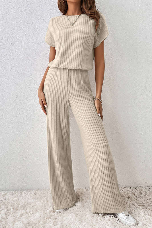 Oatmeal Ribbed Keyhole Short Sleeve Wide Leg Jumpsuit