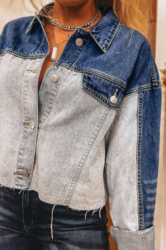 Dusk Blue Color Block Patchwork Flap Detail Distress Denim Jacket