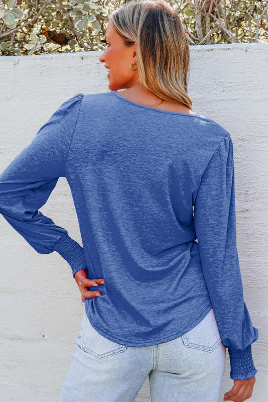 Sky Blue Shirred Shoulder Frilled Cuffs Long Sleeve Top