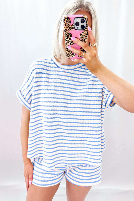 Sky Blue Stripe Knitted Short Sleeve Top and Drawstring Shorts Set