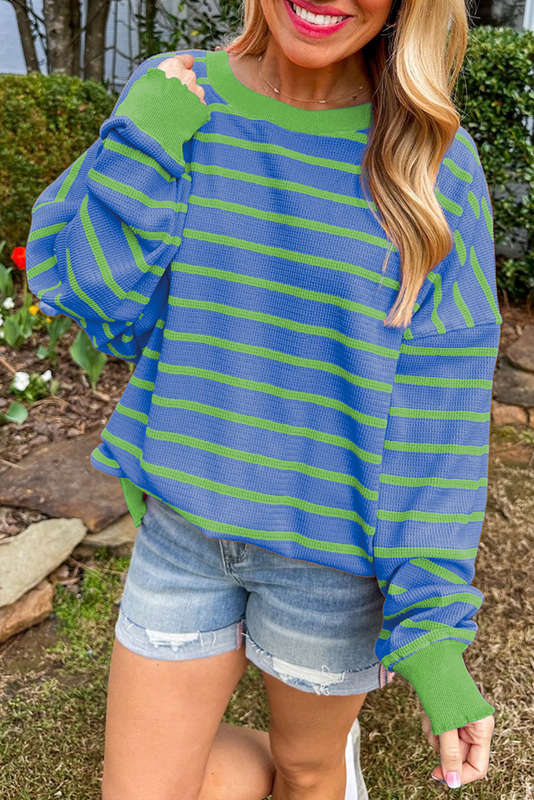Blue V-Neck Knitted Summer Top with Exposed Seams
