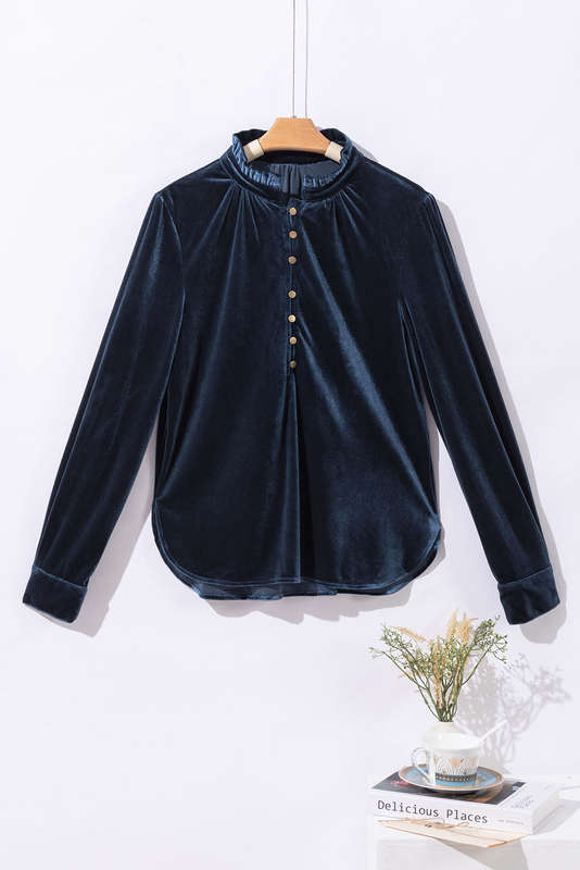 Blue V-Neck Knitted Summer Top with Exposed Seams